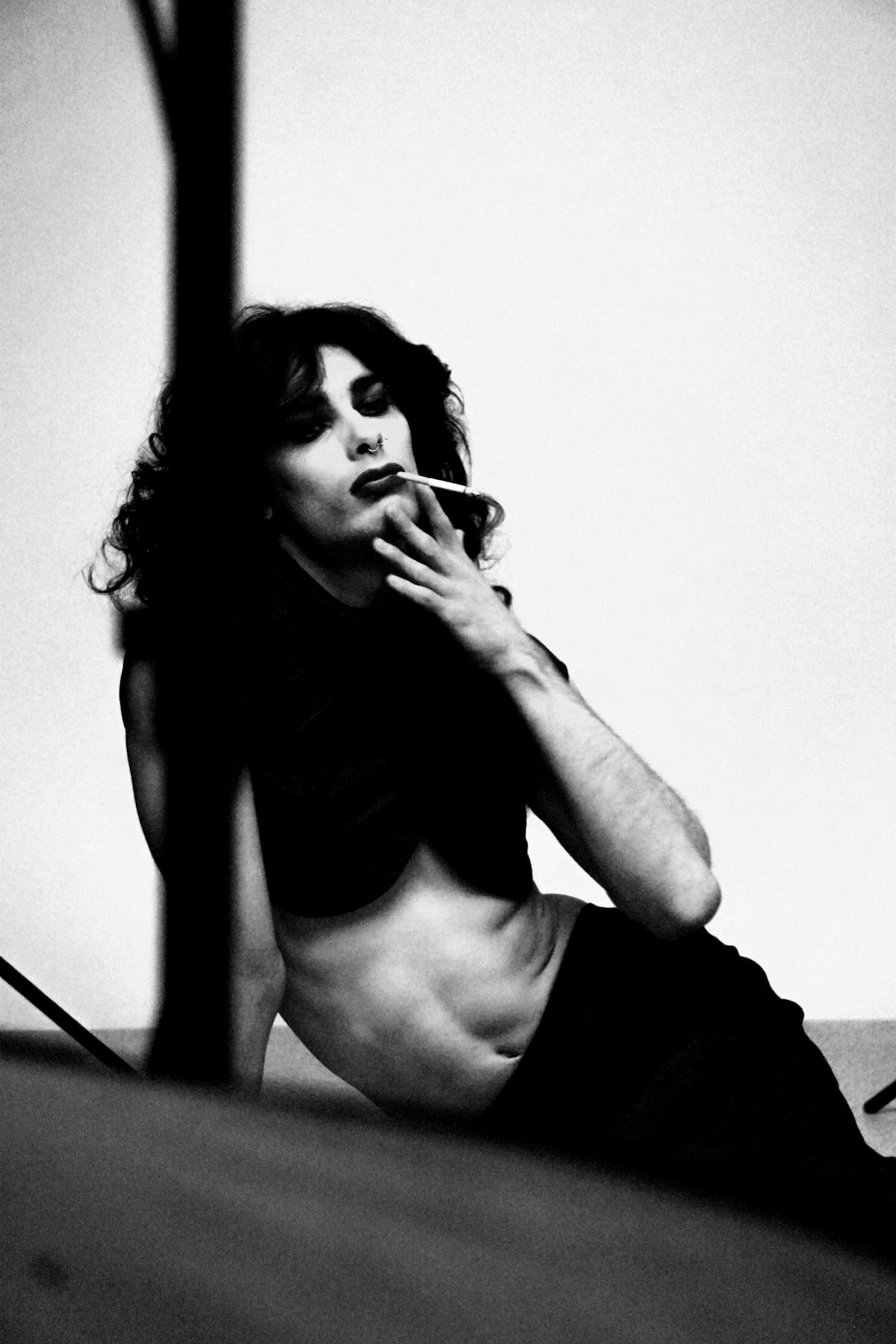 Monochrome editorial fashion styling.